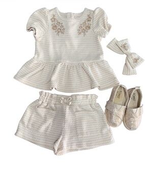 Toddler Girl Outfit Set 3T Cream Matching Set + TOMS Glitter Shoes Size 7 Bundle